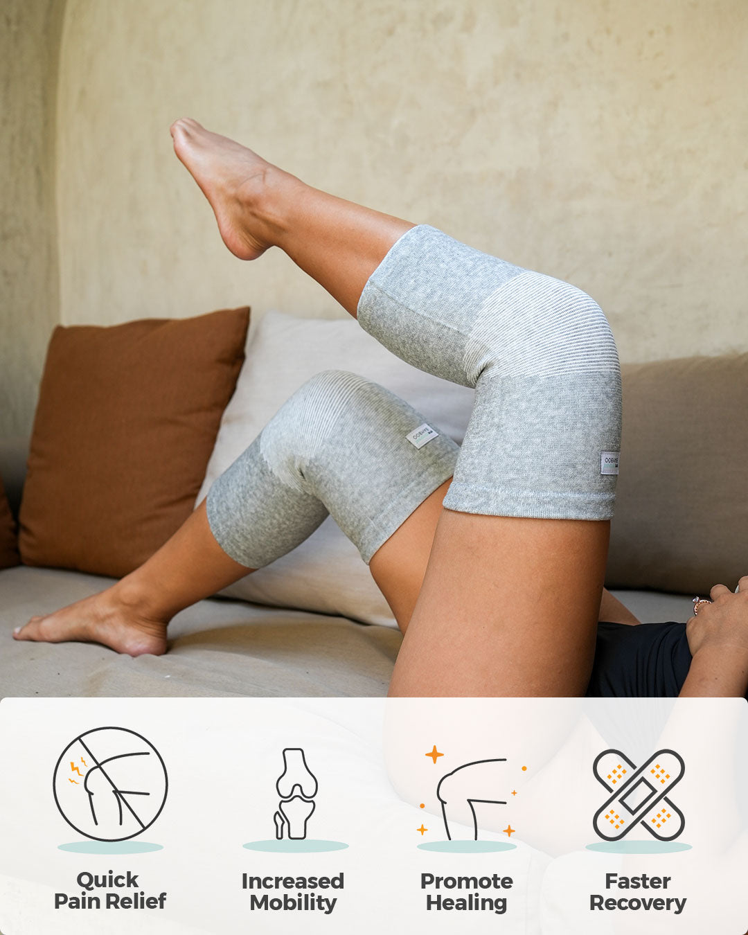 Woman resting comfortably in bed with knee sleeve